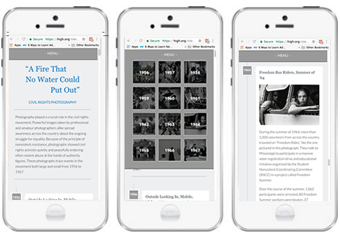 three screenshots of the civil rights timeline on a mobile device.